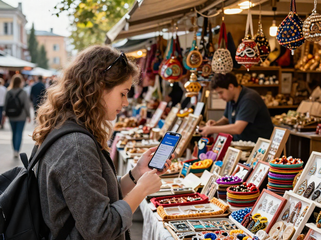 De PayInRussia-app in gebruik terwijl een reiziger lokale goederen en souvenirs in Rusland koopt.