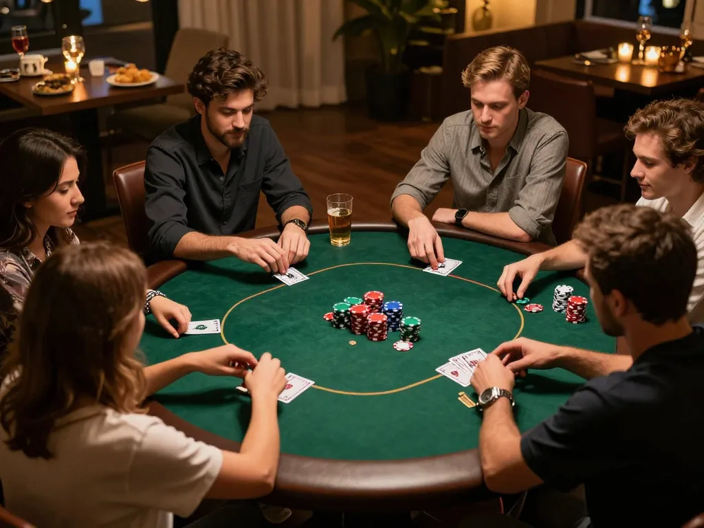 Players engaging in Texas Hold'em at home during a fun B52 CLUB poker night.