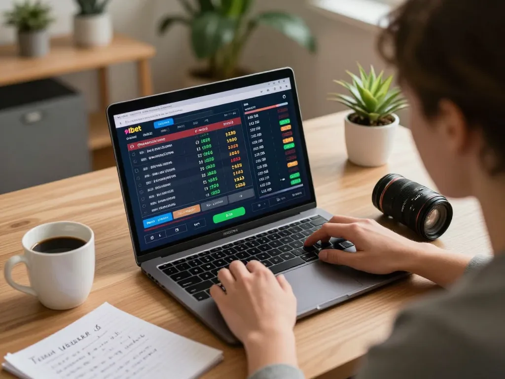 Engaged user analyzing odds on 11bet laptop platform in a cozy home setting