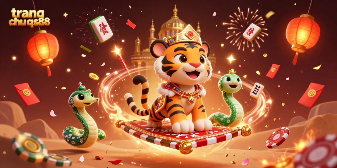 Engage in gaming with the vibrant scene of trang chu qs88 featuring a tiger sultan and festive gambling elements.