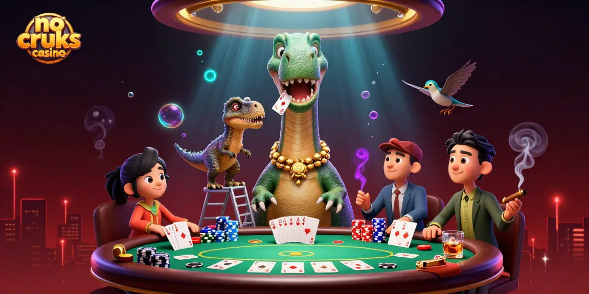 Experience the excitement at a no cruks casino with a dinosaur-themed poker scene full of vibrant elements.