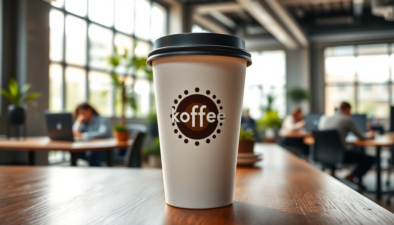 Koffie-to-go beker bedrukt met een levendig logo in een moderne kantooromgeving.