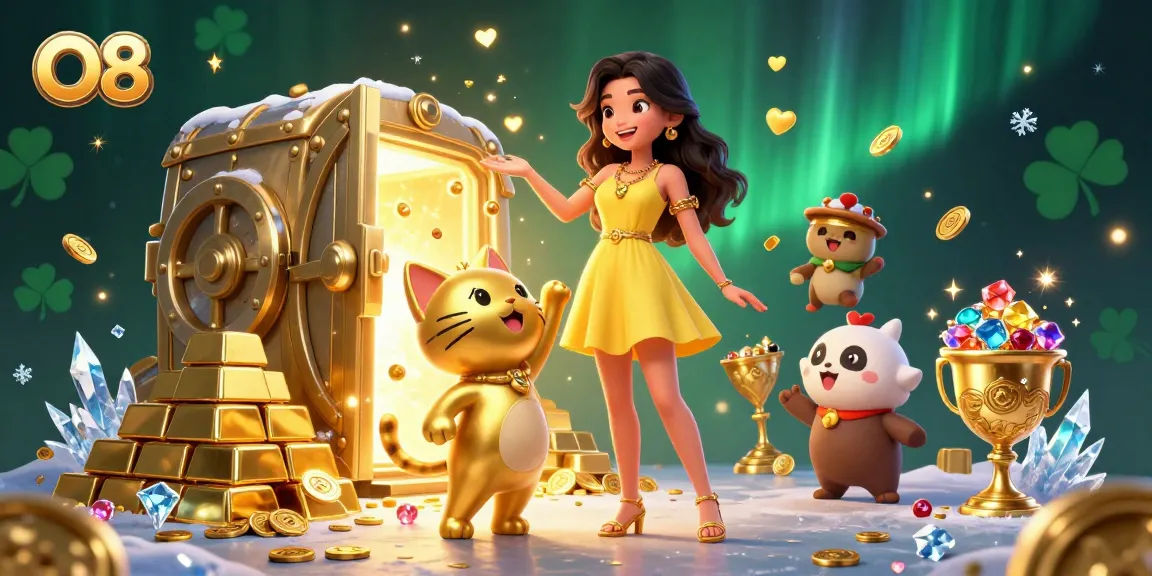 Engage with O8's vibrant casino world, featuring a cheerful woman and a lucky cat amidst gold coins.