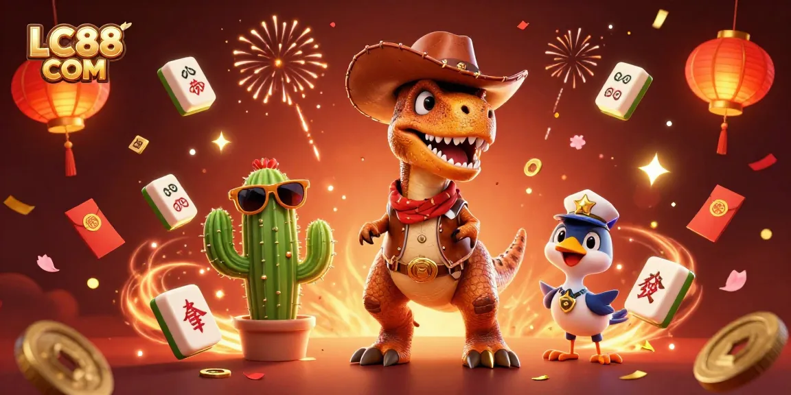 Experience thrilling games at LC88 COM with a vibrant scene of a cowboy dinosaur, a cactus sidekick, and a roadrunner celebrating amidst rich gaming elements.
