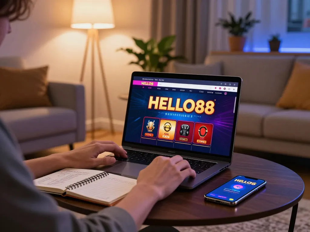 Player engaging with HELLO88 casino app on laptop in cozy home setup, showcasing online gambling atmosphere.