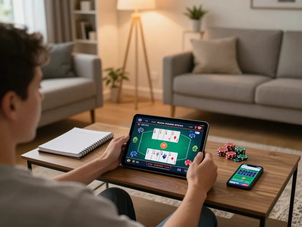 Engaging in online poker on nhà cái alo8 with a cozy home setup and strategic notes.