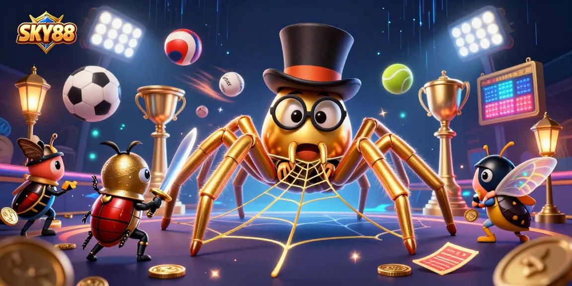 SKY88 brings excitement with a giant tarantula and a courageous beetle knight in a dynamic gambling scene.