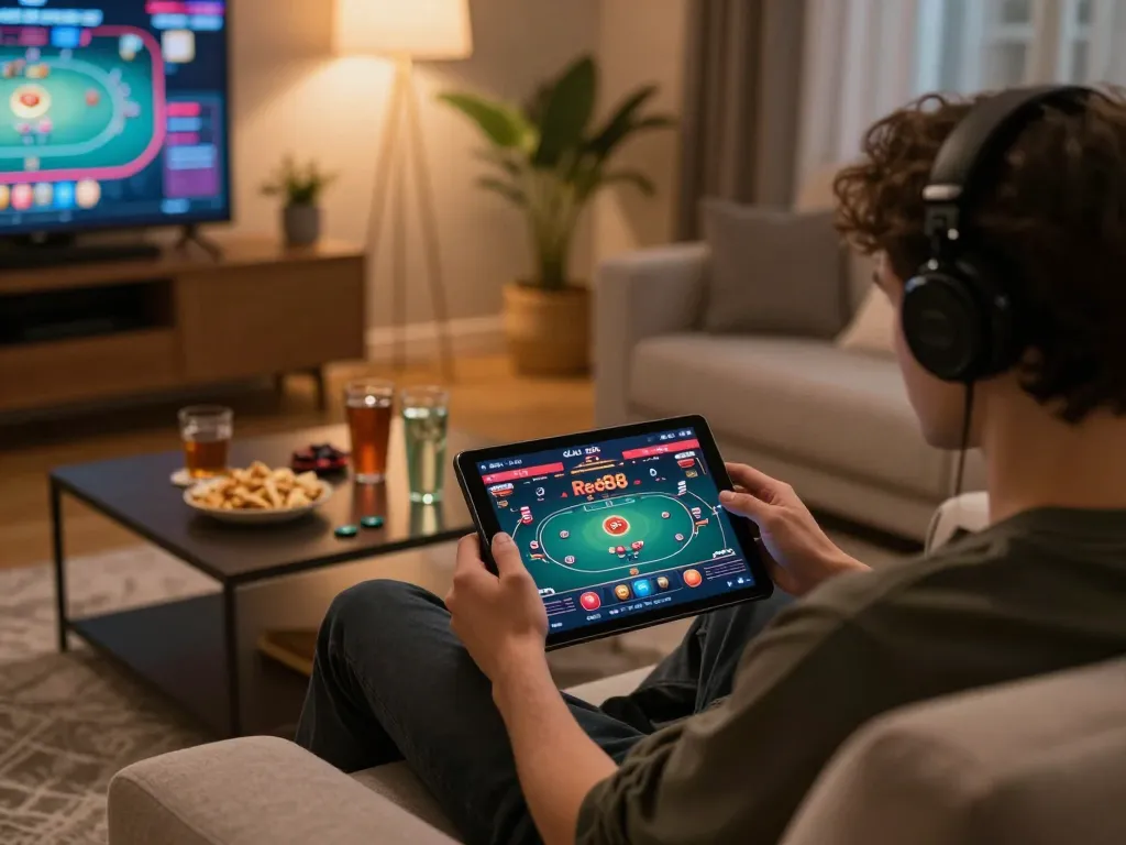 Cá cược Red88 engaging player enjoying online poker gaming on a tablet in a cozy living room.