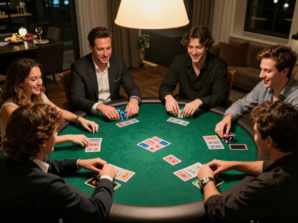 Friends enjoy poker night at home using O8 for an engaging gaming experience