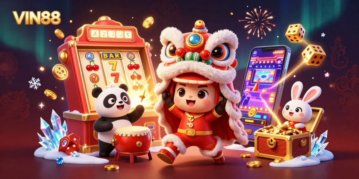 Experience the excitement of VIN88 with a vibrant scene of a lion dance, celebrating casino winnings.