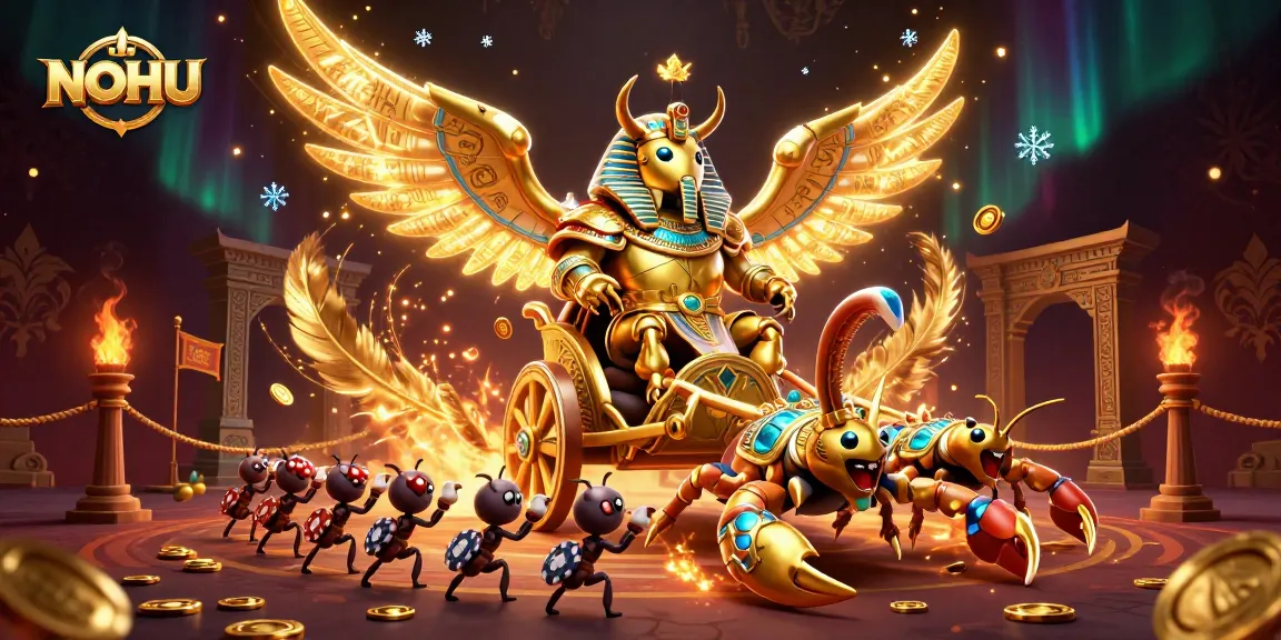 NOHU casino scene with golden scarab beetle and scorpions amid vibrant gaming elements.