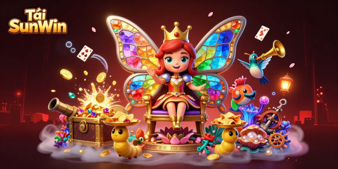 Tải SunWin showcases a magical casino scene with a butterfly queen and vibrant gaming treasures.