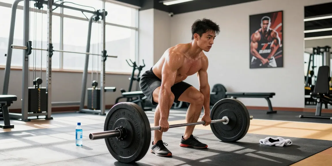 Prime Pharma Steroiden bodybuilding training scene with a male athlete lifting weights in a modern gym.
