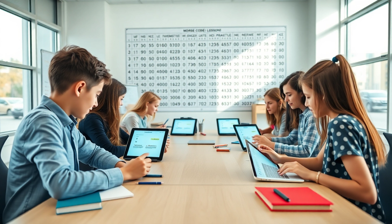 Interactive Morse code table displayed in a bright classroom setting, highlighting educational engagement.