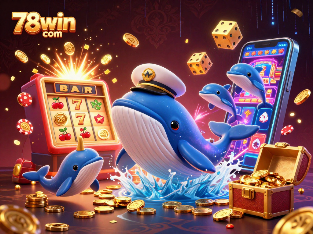 Play thrilling games at 78win com with an illustration of a casino celebration featuring a whale and fortune symbols.
