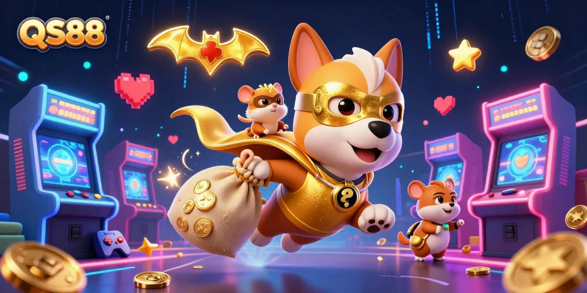 Experience the excitement at QS88 with our vibrant 3D illustration featuring a superhero dog flying through a casino theme.