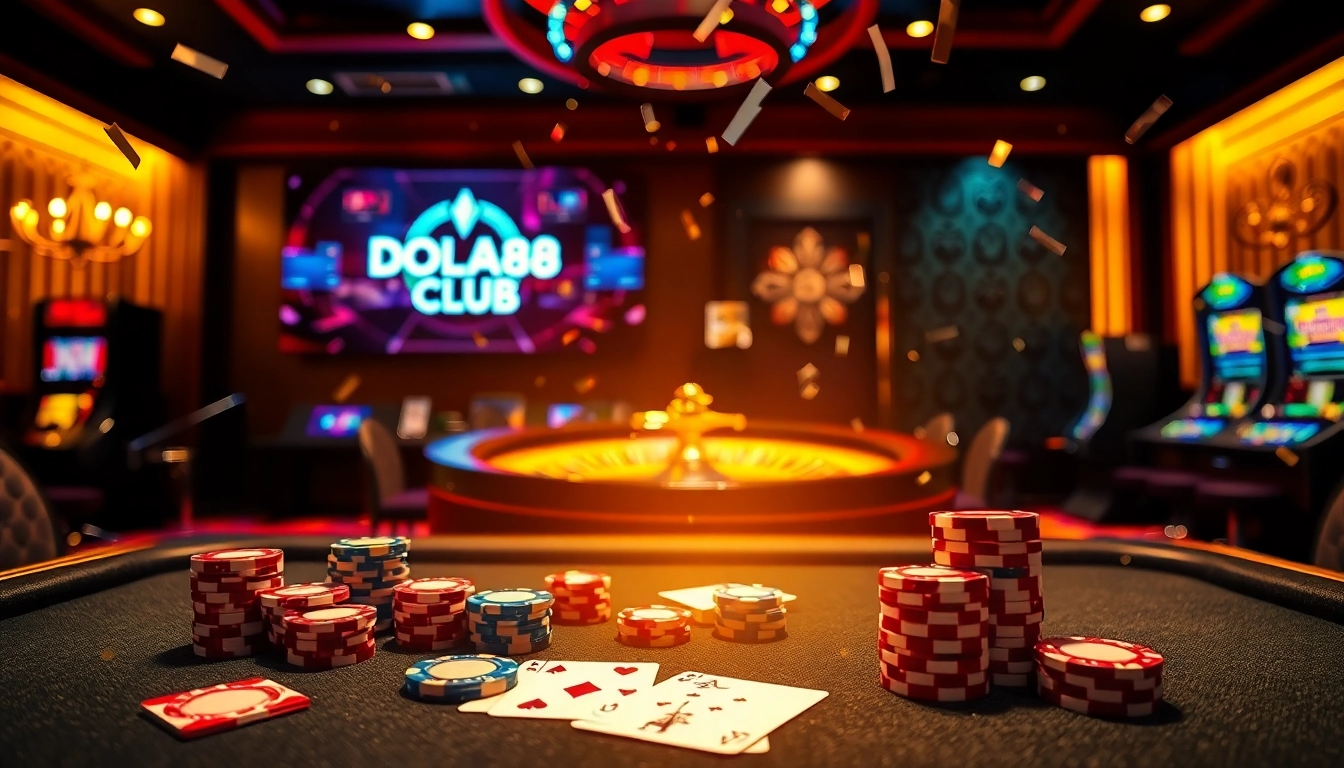 DOLA88 CLUB players enjoying an exciting poker game at a luxurious casino table.