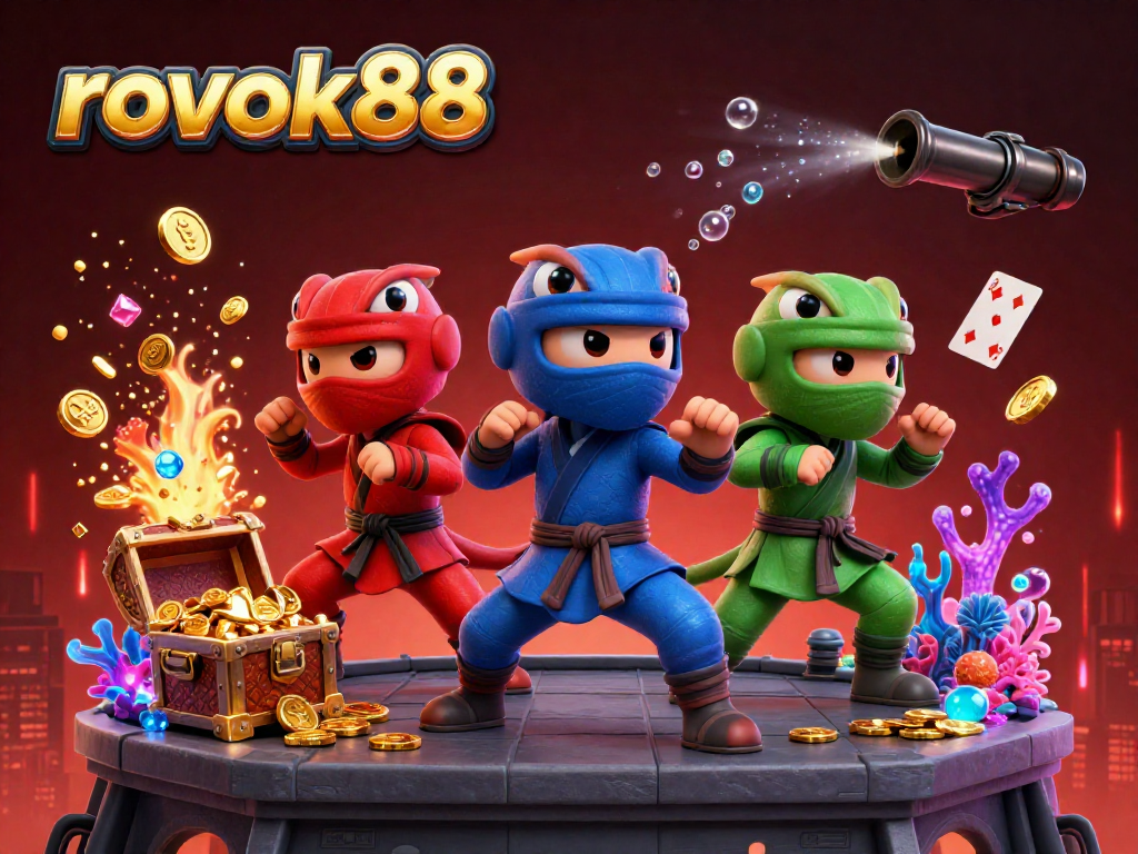 Witness the vibrant action of rokok88 in a stunning 3D illustration showcasing chameleons and treasure, perfect for a gaming experience.