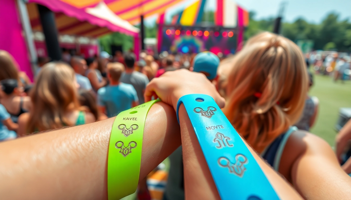 Nahaufnahme farbiger Einlassarmbänder, die auf einem lebhaften Festival einzigartige Designs zeigen.