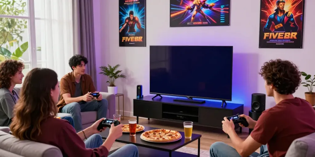 Friends enjoying an exciting gaming session on FIVE88, showcasing the lively online casino experience.