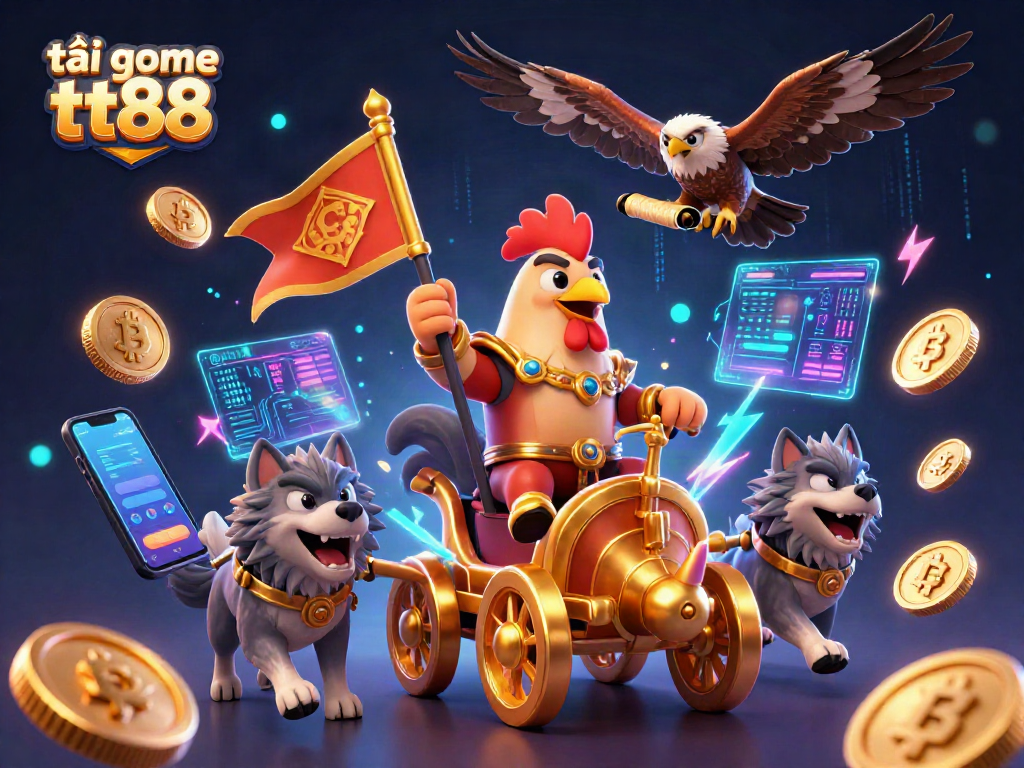 Engage in thrilling gameplay at tải game tt88 featuring a 3D rooster warlord in a vibrant crypto-setting.
