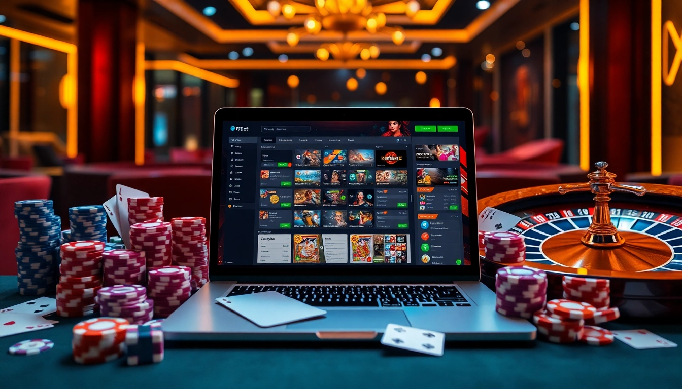 Engaging scene of i9bet online casino interface with casino elements like poker chips and roulette wheel.
