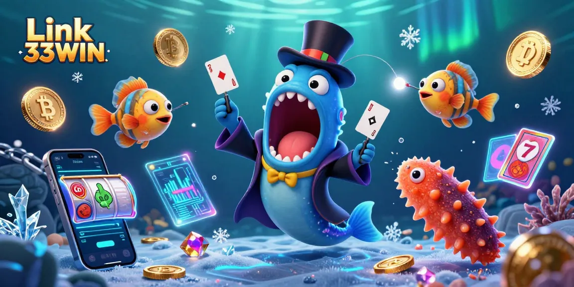 Engage with Link 33WIN through a vibrant casino illustration showcasing dynamic card tricks and magical elements.