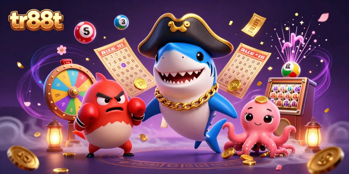 Win big with tr88t in this vibrant scene featuring a shark, pufferfish, and octopus amidst exciting casino elements.