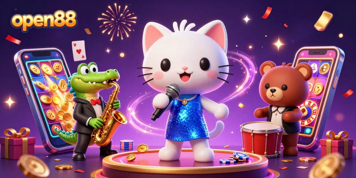 Experience vibrant casino excitement with open88 as cat, crocodile, and bear perform surrounded by rich gaming elements.