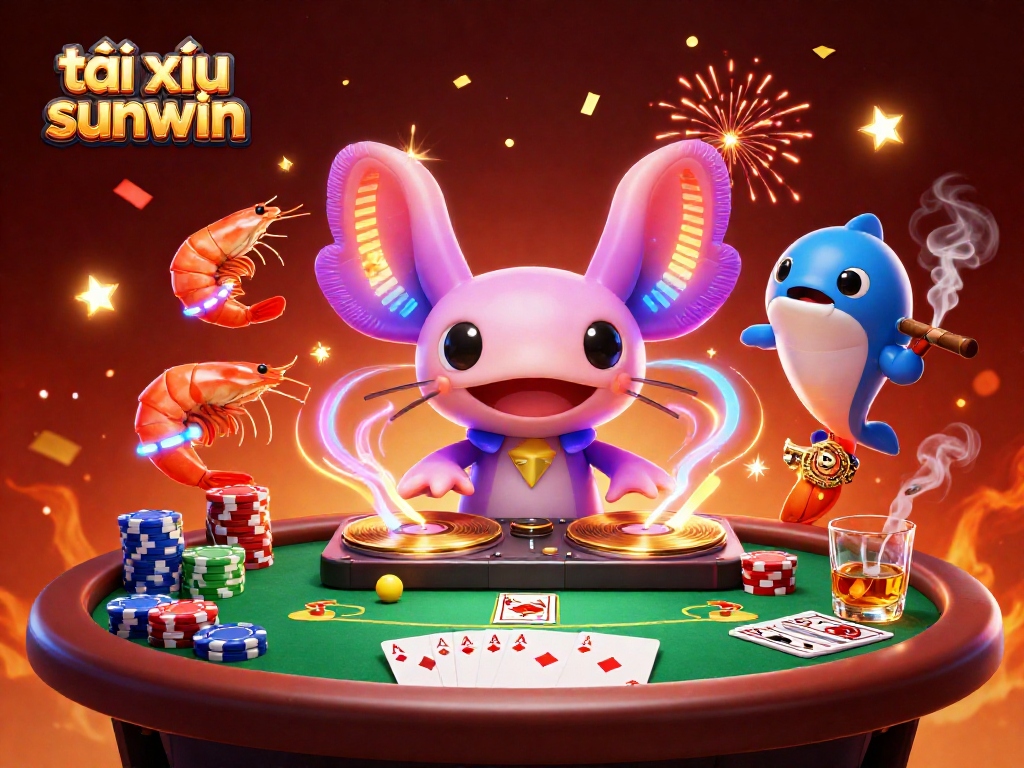 Engage in thrilling tài xỉu sunwin sessions with energetic characters in a vibrant casino scene featuring poker elements.