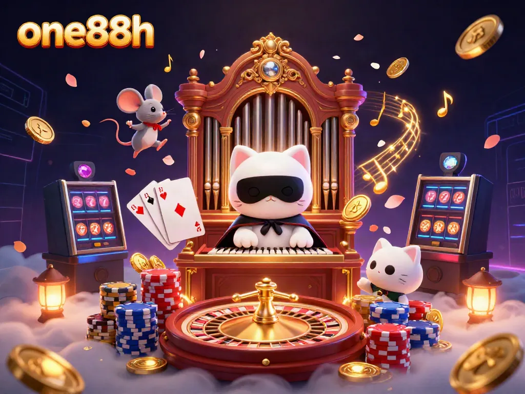 Win big with one88h at a dynamic casino scene featuring vibrant characters and exciting elements.