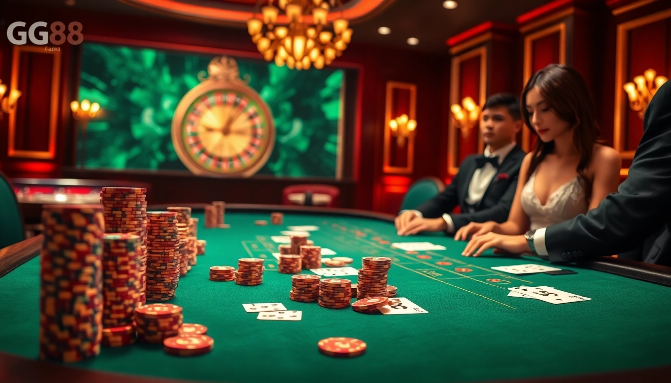 Experience exciting play at GG88's elegant poker table with vibrant chips, cards, and roulette wheel.