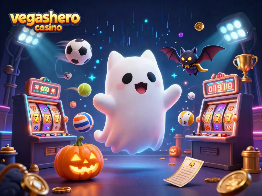 Engage with vegashero casino's captivating scene featuring a ghost cat and bat amidst slot machines and vibrant gaming elements.