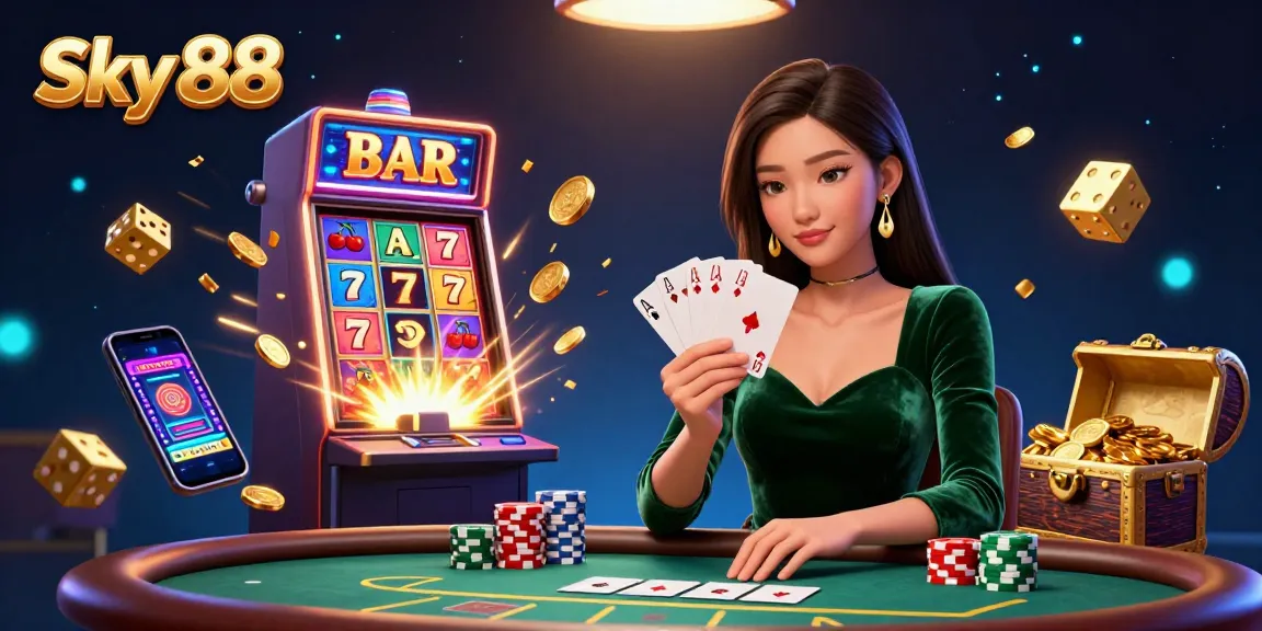 Engage in exhilarating casino games at Sky 88, where players enjoy poker strategies amidst thrilling jackpot moments.
