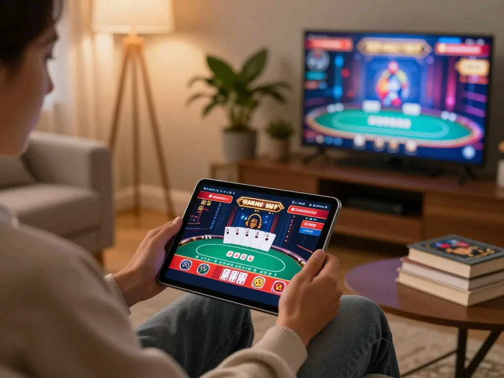 Engaging scene of a gamer enjoying online poker at home, highlighting nhà cái alo8 features and user-friendly interface