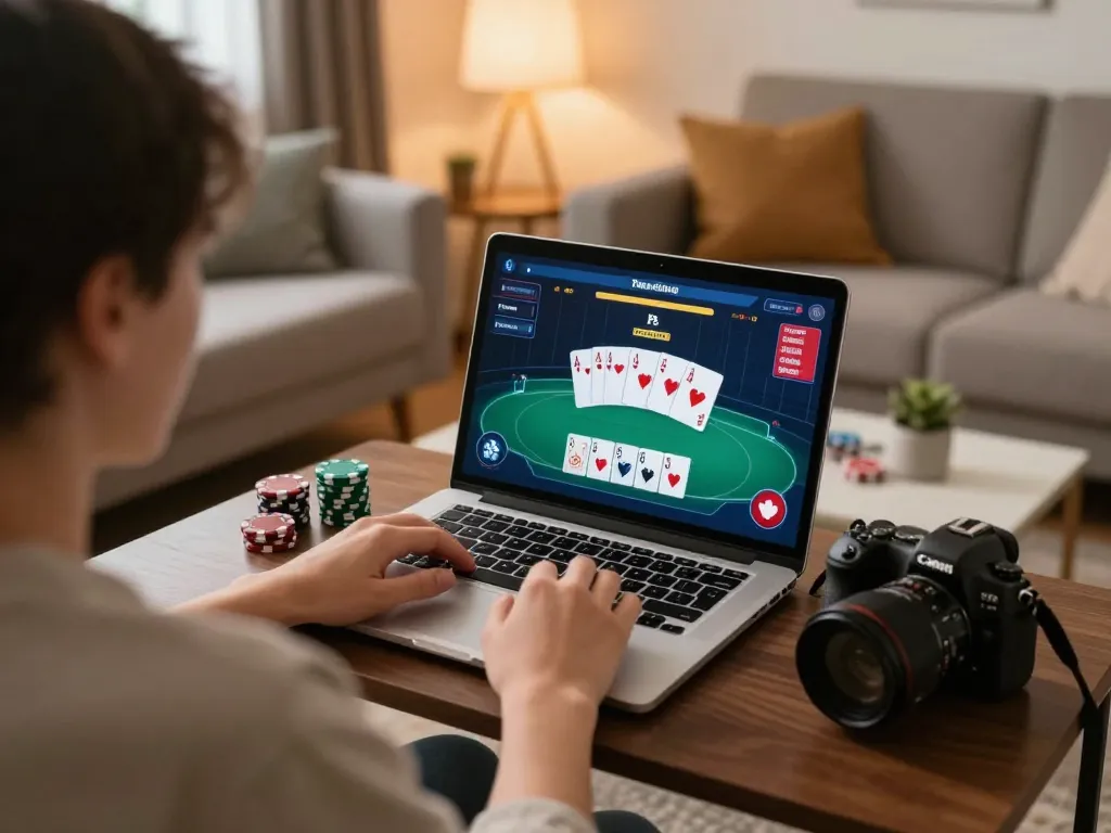 Xocdia88 player engaging in online poker game at home, laptop screen showing gameplay action.