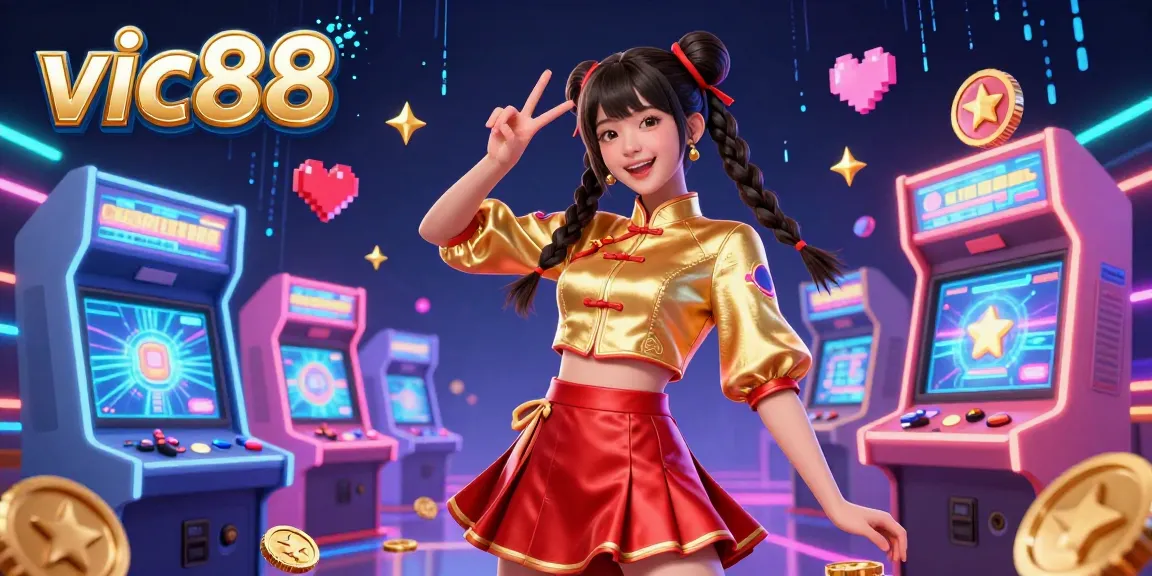 Experience high-energy gameplay wins at VIC88 with vibrant illustrations of a stunning Asian woman surrounded by exciting casino elements.