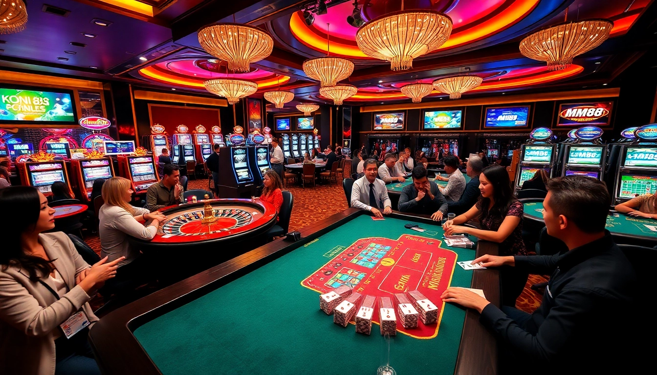 MM88 branded poker chips and cards in a buzzing casino atmosphere.