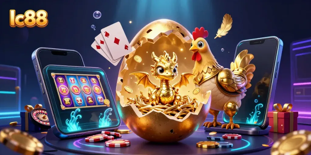 Experience thrilling luck with lc88's golden dragon and poker chips amid vibrant casino elements