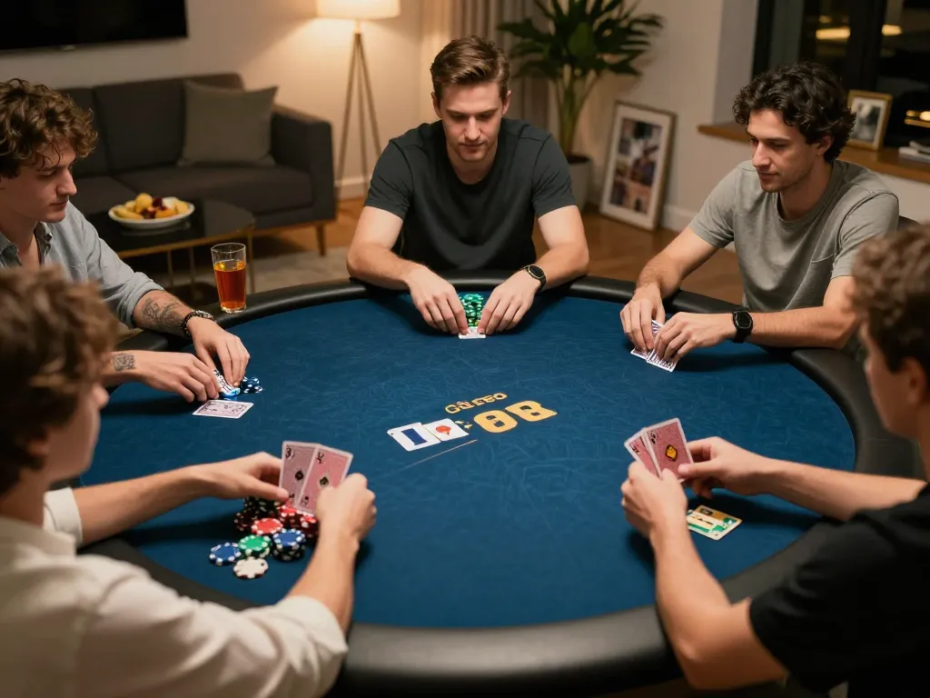 Cá cược Da88 online poker game with engaged players at stylish home table, showcasing competitive atmosphere.