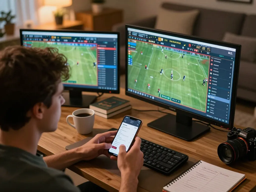 Engaging in online sports betting on Jun88 during live matches at home, showcasing real-time strategies and excitement.