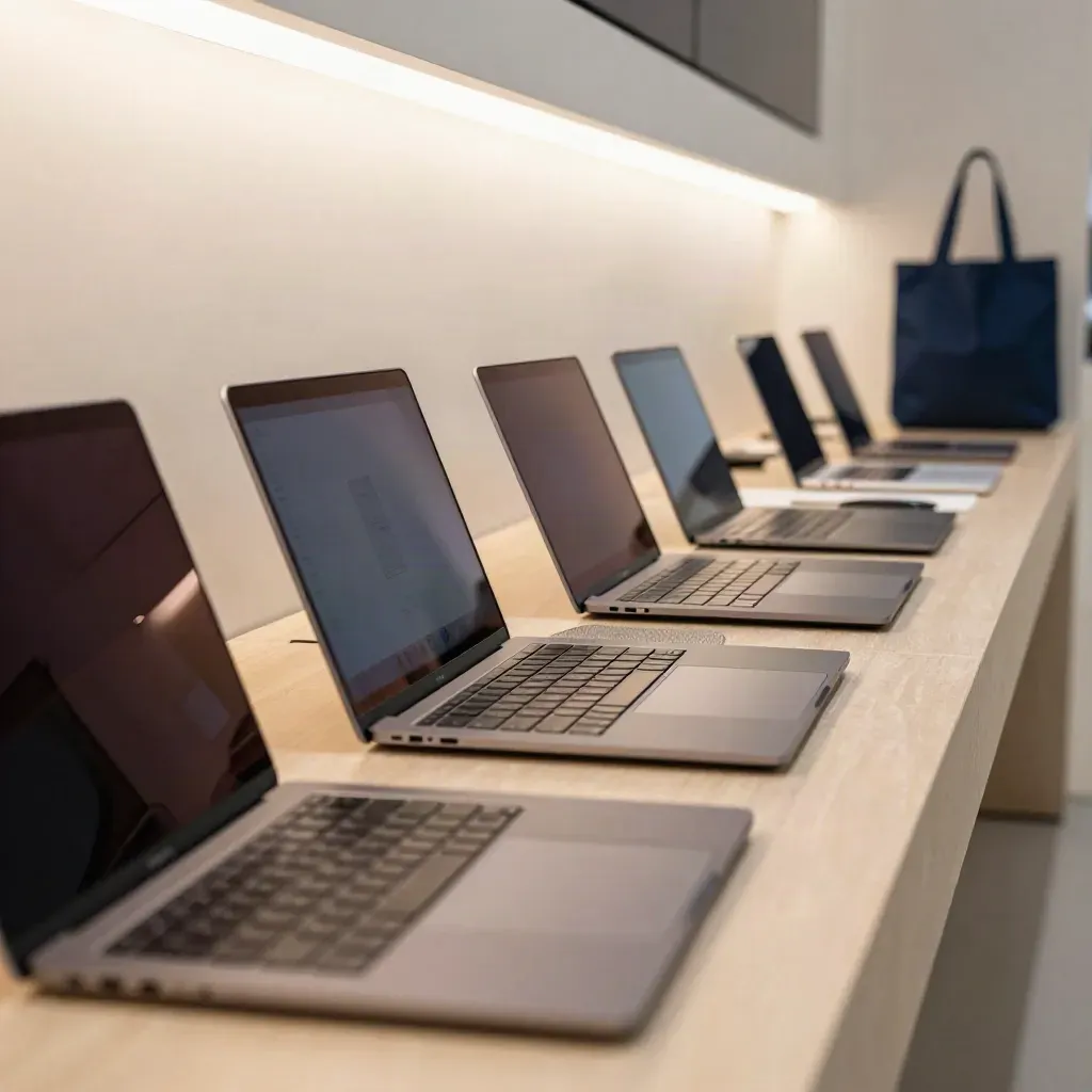 Open demo-laptops in een elektronicazaak, met reflecties en een iets hoger open klepje.