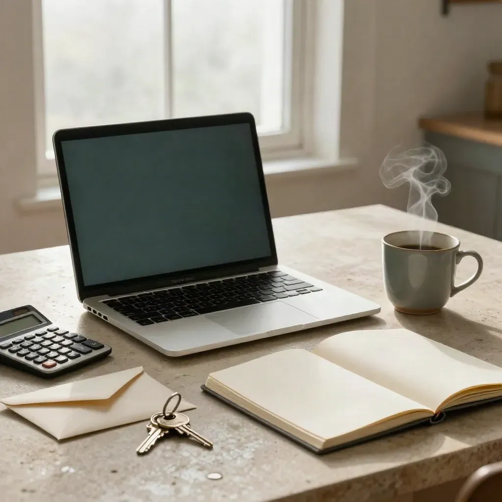 Laptop, sleutels, rekenmachine, enveloppen, notitieboek en mok op een stenen keukentafel