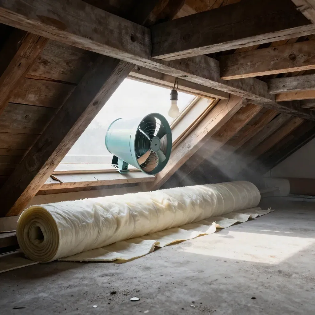 Zolder met isolatie, ventilator en koud ochtendlicht dat door het luik valt.
