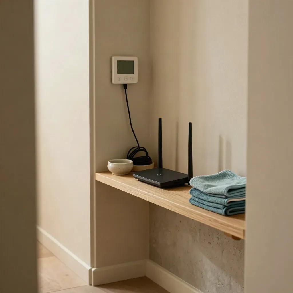 Compacte meternis met router, stekkerblok en thermostaat op een lichte plank.