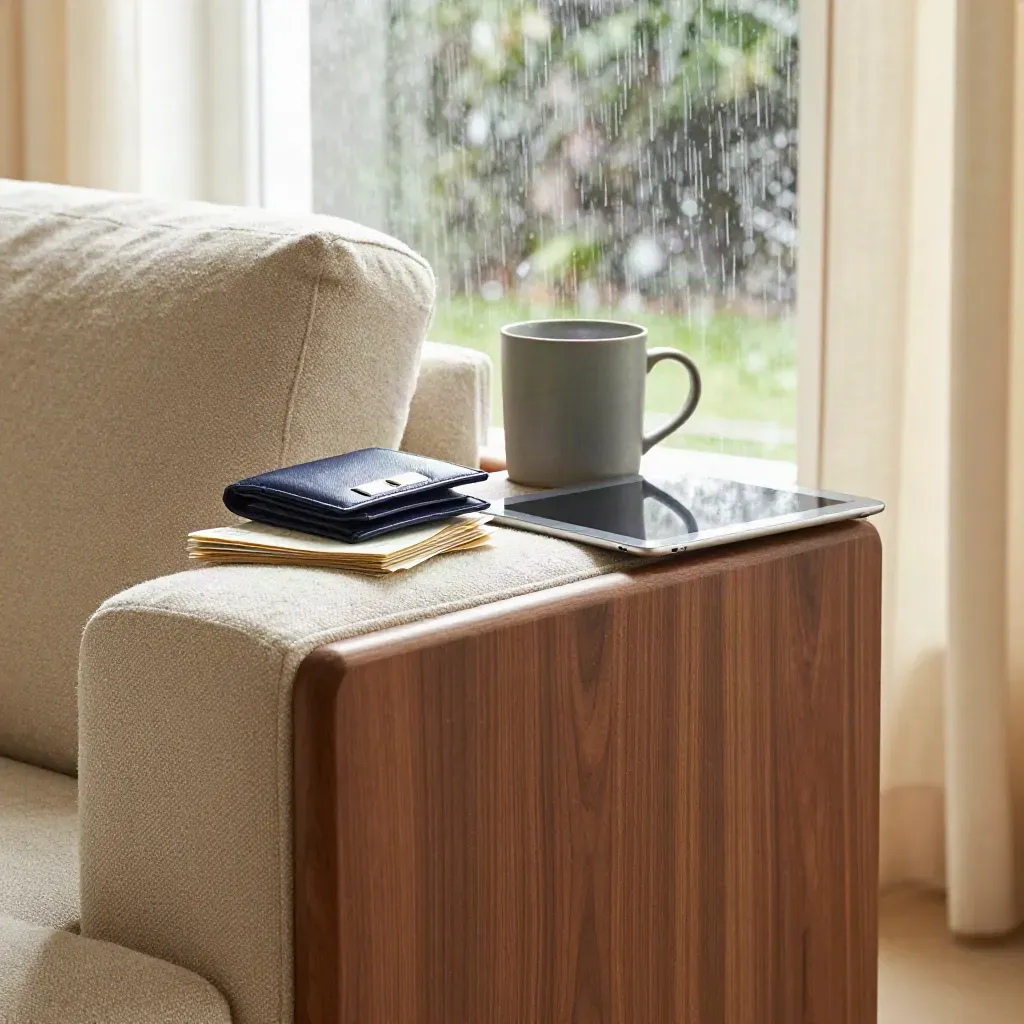 Sofa-arm met verzekeringsmapje, tablet, mok en notities bij een regenachtig raam.