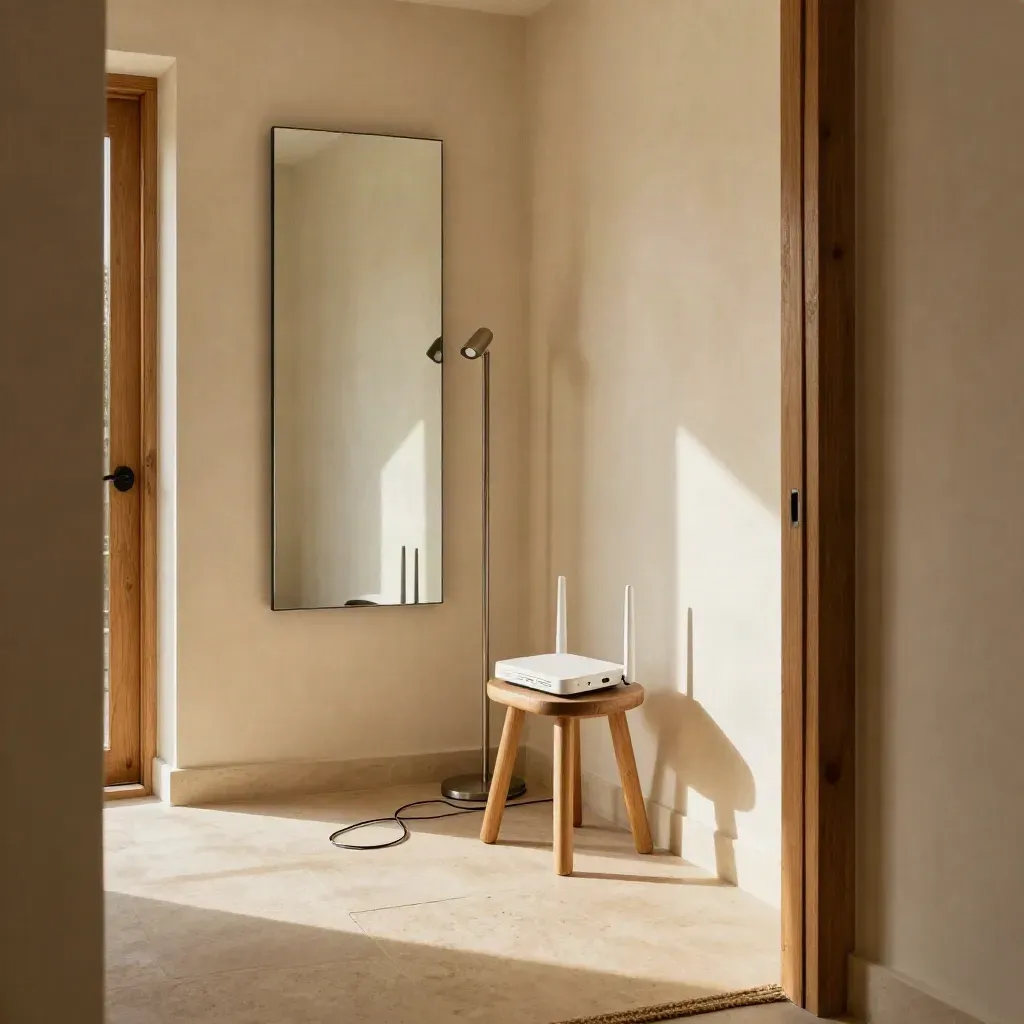 Compacte hal met router op kruk, lamp en spiegel in zacht namiddaglicht.