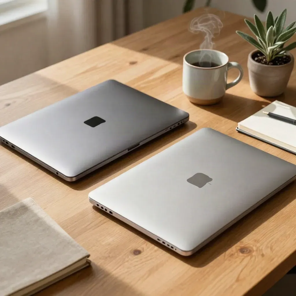 Twee gesloten laptops met notitieboek, mok en plant op een warme houten thuiswerkplek.