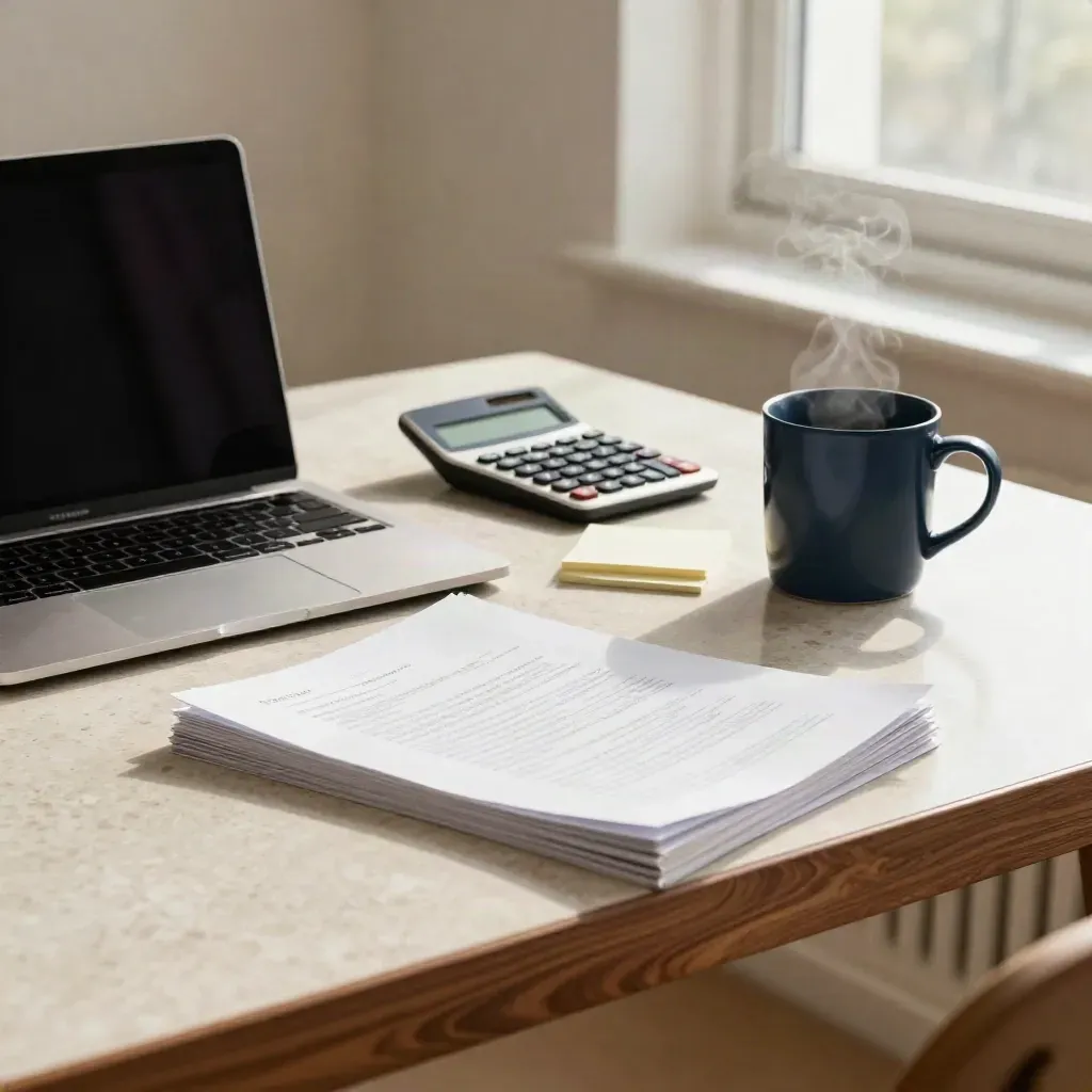 Werktafel met laptop, calculator, plakbriefjes en mok in warm middaglicht.