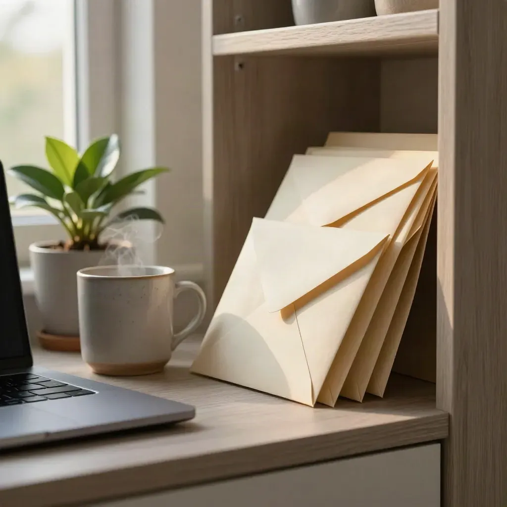 Mailplank met omgekeerde enveloppen, gesloten laptop, mok en plant in zacht avondlicht.